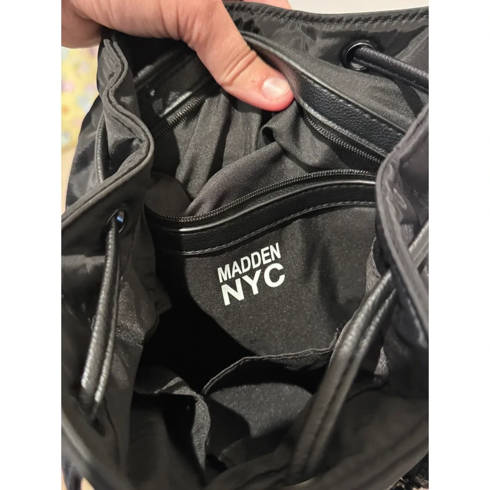 Madden NYC Black Nylon Mini Backpack with Chain Detail and Branded Straps